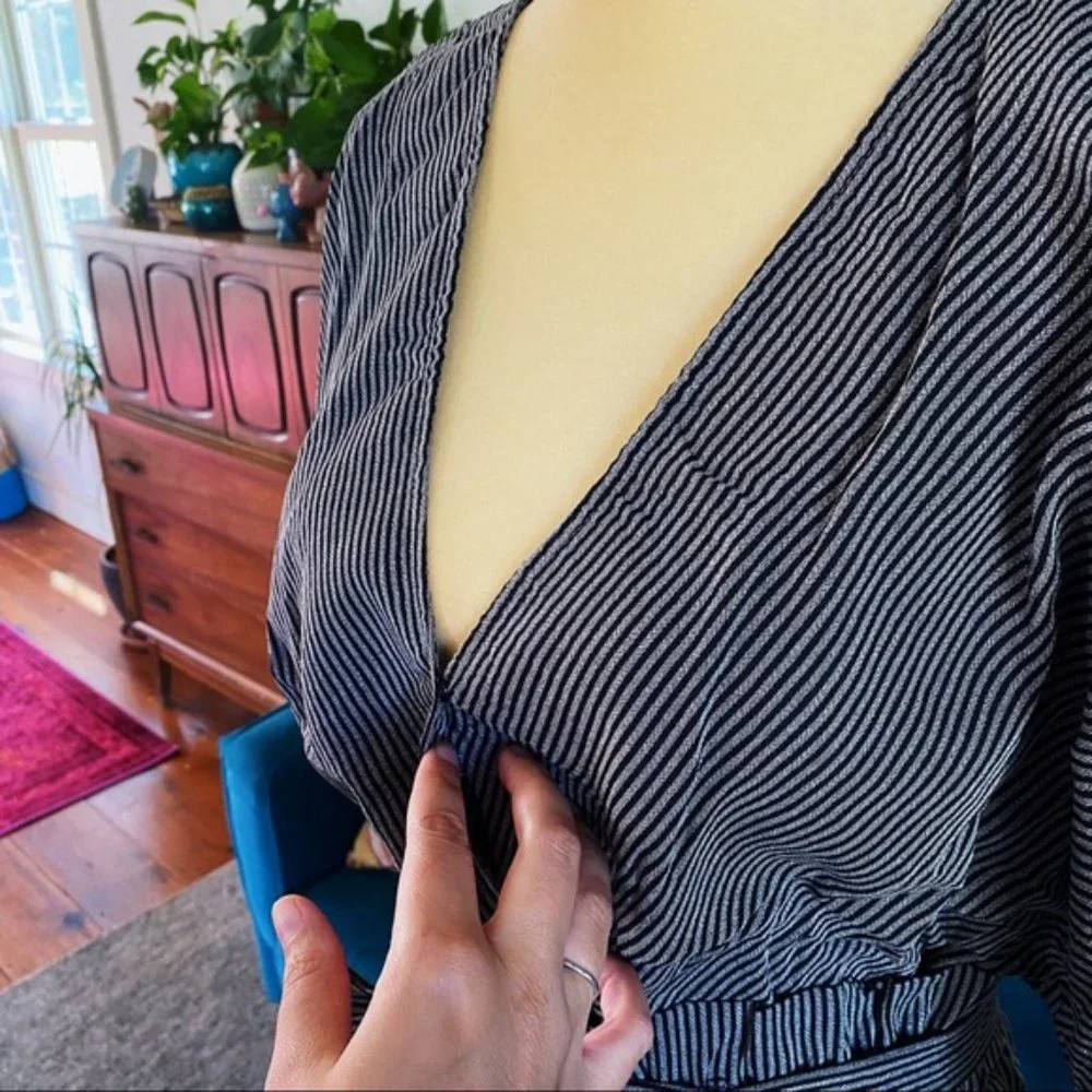Umgee | Carmen Pinstripe Jumpsuit Paperbag Wide Sleeve Charcoal Black New Medium - Picture 8 of 15